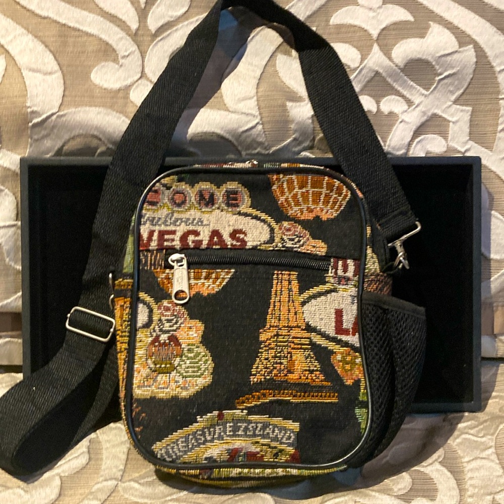 Black and Multicolor Tapestry Crossbody Bag